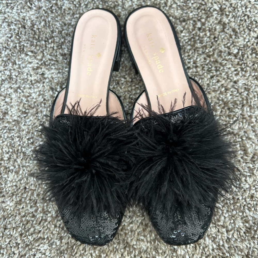 Kate Spade New York Black Leather Mules with sequin and feather, size 6